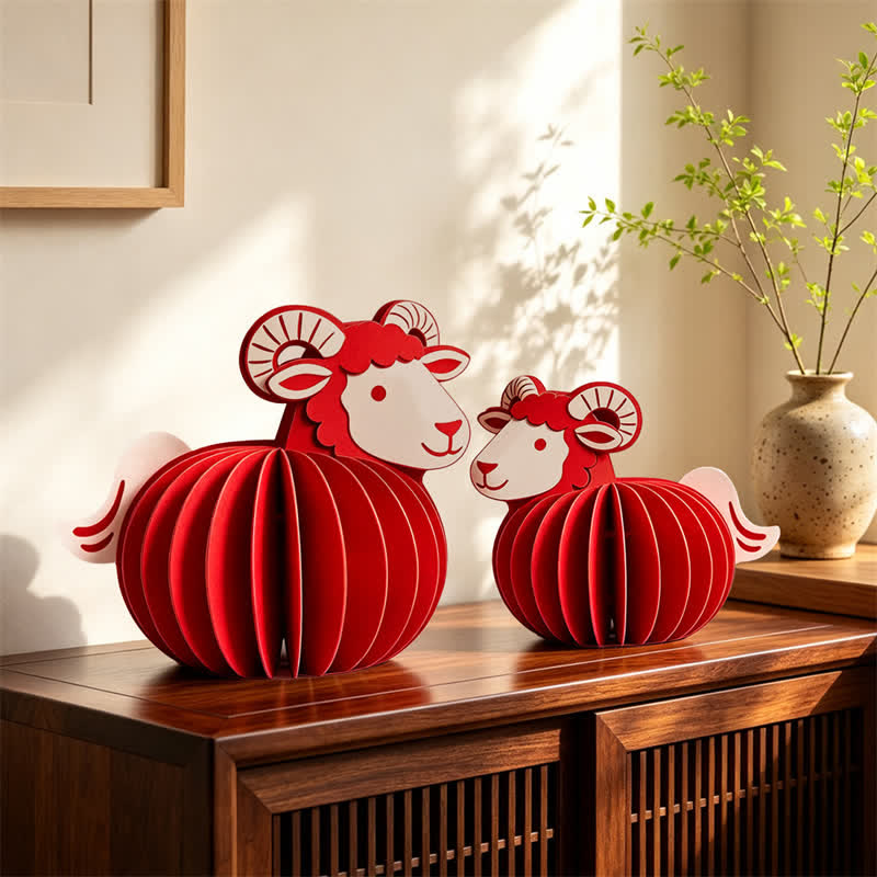 Buddha Stones Anno della Capra, Feltro Rosso, Zodiaco Cinese, Pecora, Prosperità, Decorazione da Tavolo con Simpatici Animali - image 0