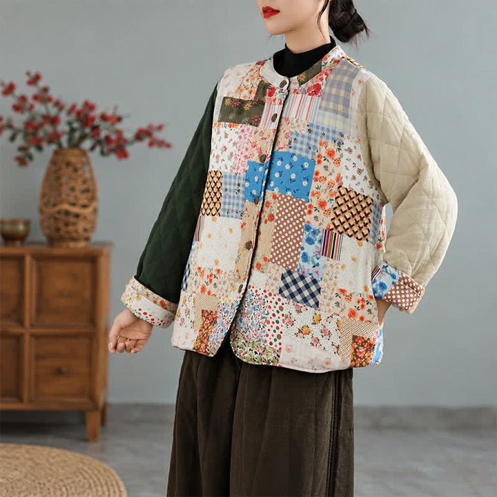 Buddha Stones Giacca da donna reversibile, stile vintage, con bottoni, patchwork floreale e tasche, ideale per autunno/inverno. - image 2