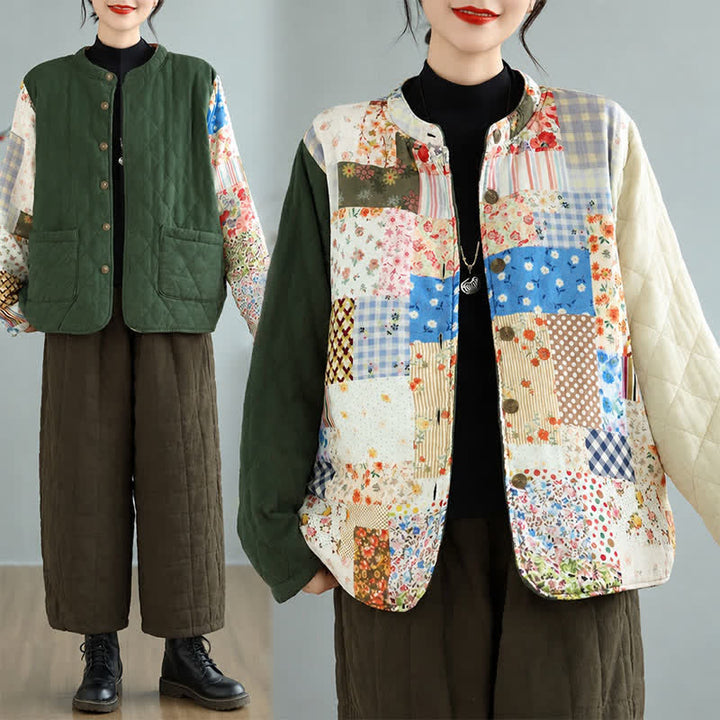 Buddha Stones Giacca da donna reversibile, stile vintage, con bottoni, patchwork floreale e tasche, ideale per autunno/inverno. - image 8