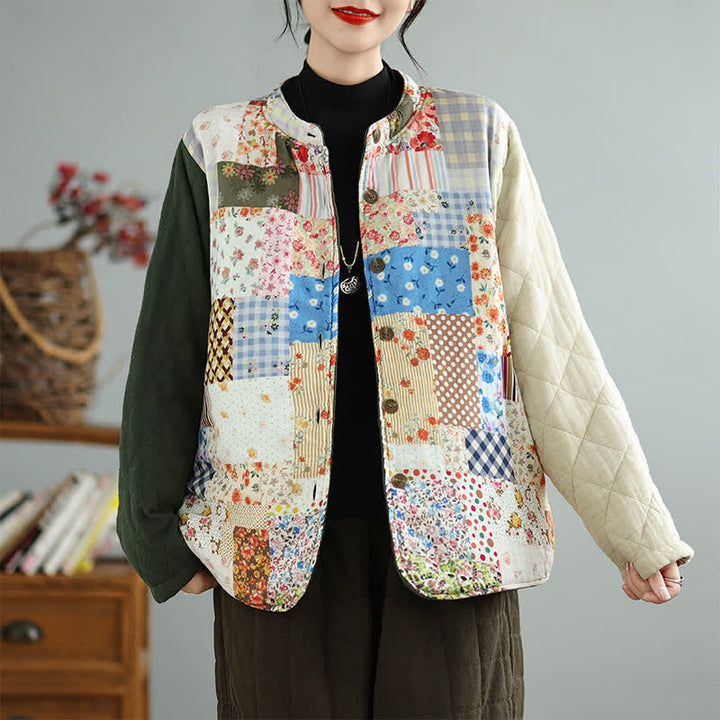 Buddha Stones Giacca da donna reversibile, stile vintage, con bottoni, patchwork floreale e tasche, ideale per autunno/inverno. - Beige - US8-10, UK/AU12-14, EU40-42 (2XL) - image 0