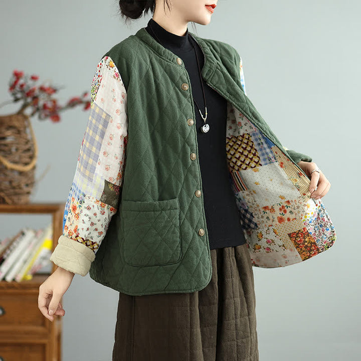 Buddha Stones Giacca da donna reversibile, stile vintage, con bottoni, patchwork floreale e tasche, ideale per autunno/inverno. - image 3