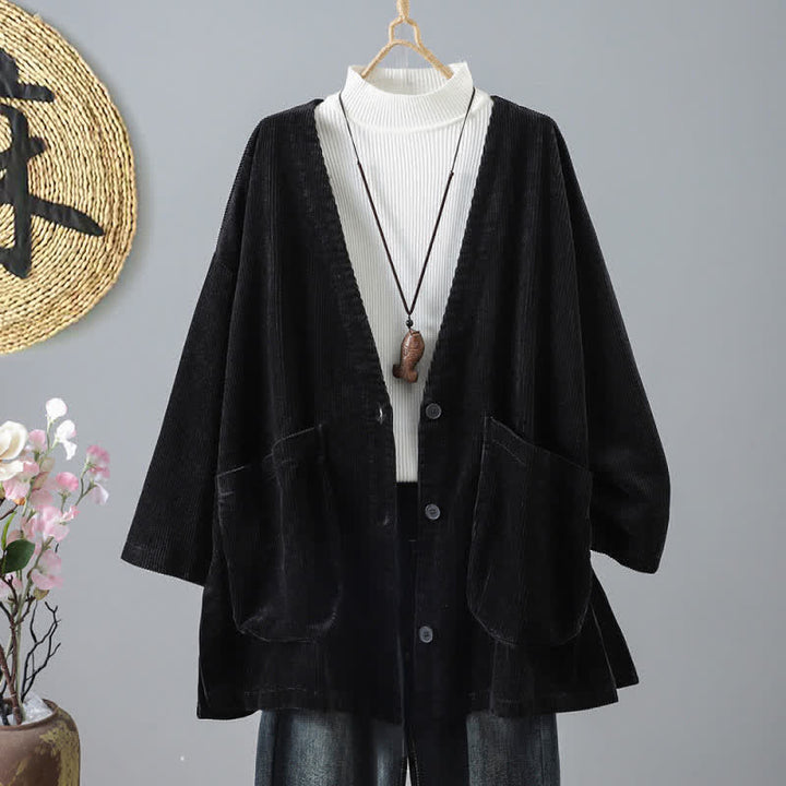 Buddha Stones Giacca da donna autunno/inverno in velluto a coste tinta unita, semplice, con bottoni e tasche, stile vintage. - Nero - US14, UK/AU18, EU46 (2XL) - image 14