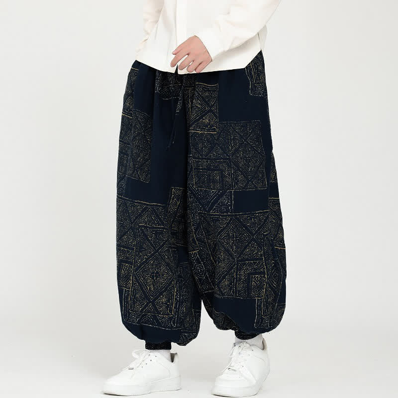 Buddha Stones Pantaloni cropped geometrici vintage casual primavera autunno da uomo con coulisse, pantaloni harem con tasche - Blu notte - US/UK/AU46, EU56 (5XL) - image 0