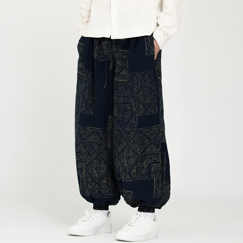 Buddha Stones Pantaloni cropped geometrici vintage casual primavera autunno da uomo con coulisse, pantaloni harem con tasche - image 1