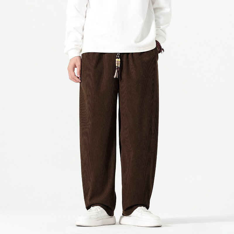 Buddha Stones Pantaloni casual autunno/inverno stile boho con coulisse, tinta unita, alla caviglia, in velluto a coste, da uomo, gamba dritta con tasche. - image 1