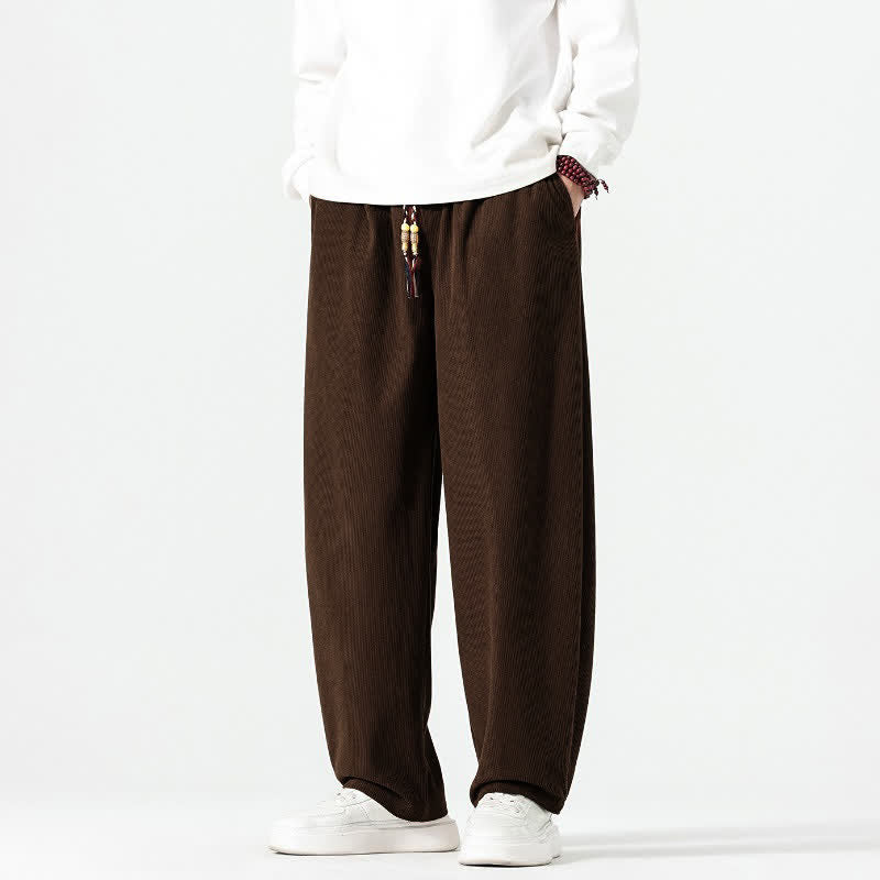 Buddha Stones Pantaloni casual autunno/inverno stile boho con coulisse, tinta unita, alla caviglia, in velluto a coste, da uomo, gamba dritta con tasche. - Marrone sella - US/UK/AU48, EU58 (5XL) - image 0