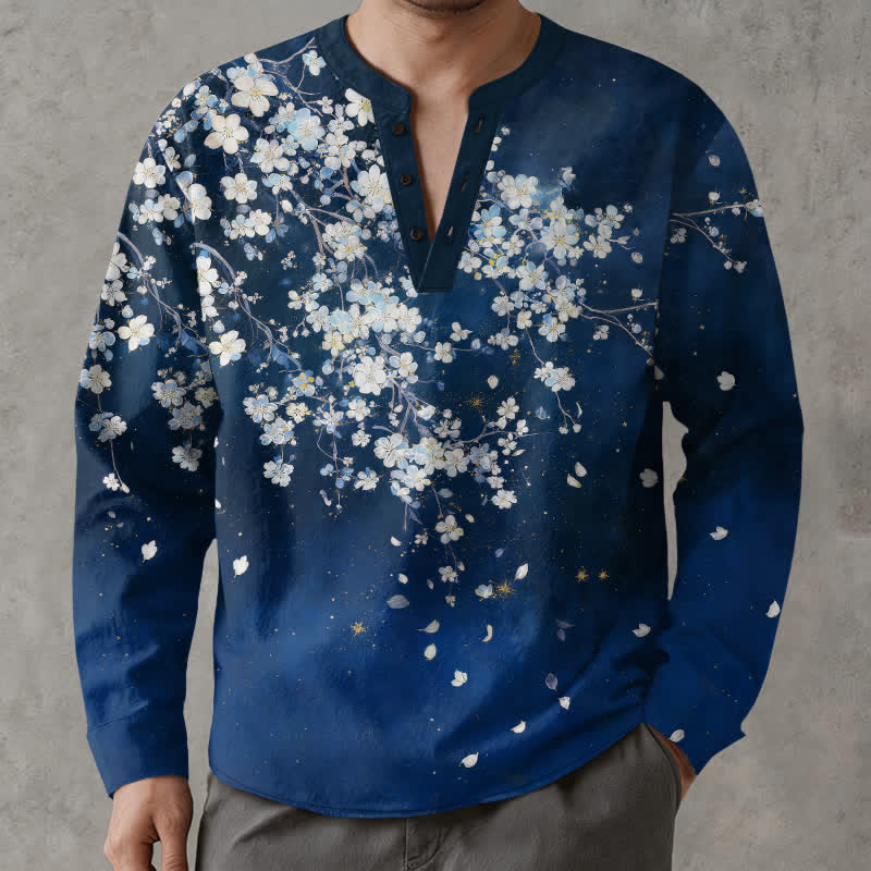 Buddha Stones Camicia da uomo a maniche lunghe con scollo a V e bottoni, in cotone, con motivo floreale a petali cadenti. - Marina - US/UK/AU48, EU58 (4XL) - image 0