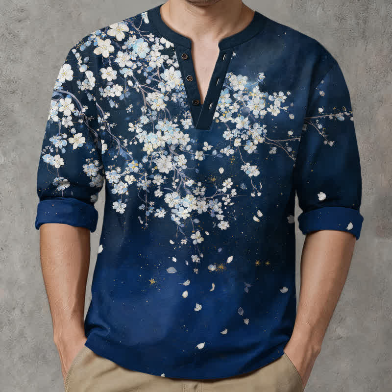 Buddha Stones Camicia da uomo a maniche lunghe con scollo a V e bottoni, in cotone, con motivo floreale a petali cadenti. - image 1