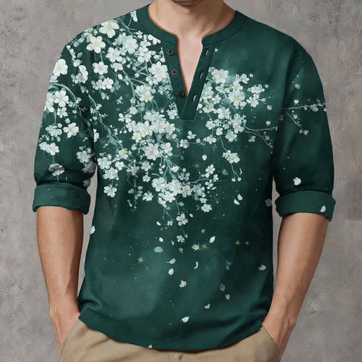Buddha Stones Camicia da uomo a maniche lunghe con scollo a V e bottoni, in cotone, con motivo floreale a petali cadenti. - image 8