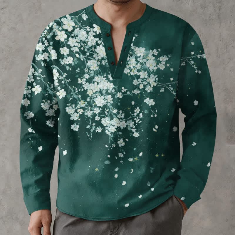 Buddha Stones Camicia da uomo a maniche lunghe con scollo a V e bottoni, in cotone, con motivo floreale a petali cadenti. - Verde acqua - US/UK/AU48, EU58 (4XL) - image 7