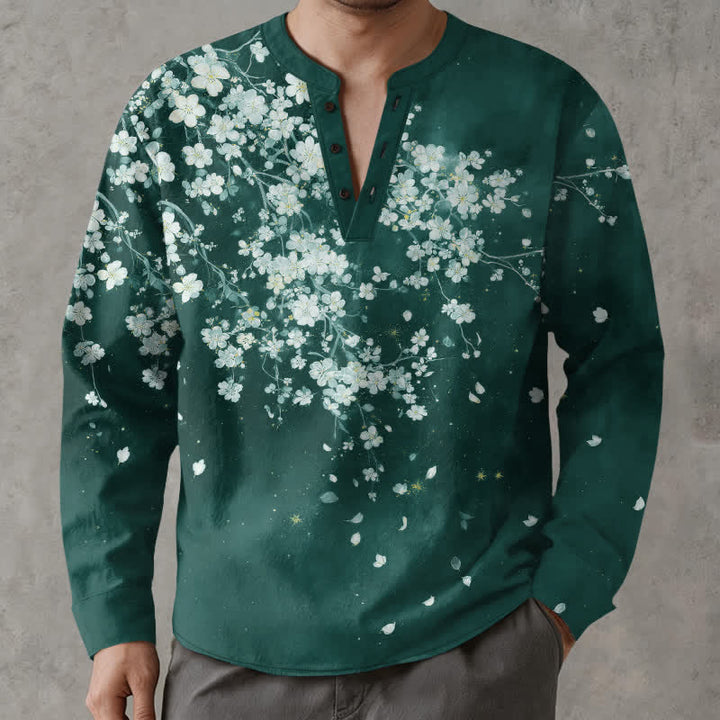 Buddha Stones Camicia da uomo a maniche lunghe con scollo a V e bottoni, in cotone, con motivo floreale a petali cadenti. - Verde acqua - US/UK/AU48, EU58 (4XL) - image 7