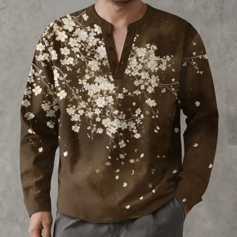 Buddha Stones Camicia da uomo a maniche lunghe con scollo a V e bottoni, in cotone, con motivo floreale a petali cadenti. - Marrone sella - US/UK/AU48, EU58 (4XL) - image 14