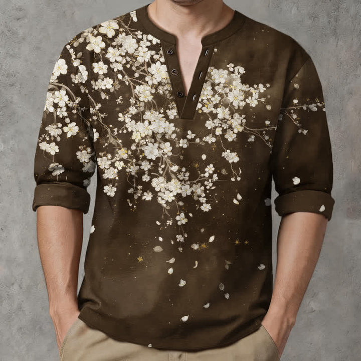Buddha Stones Camicia da uomo a maniche lunghe con scollo a V e bottoni, in cotone, con motivo floreale a petali cadenti. - image 15