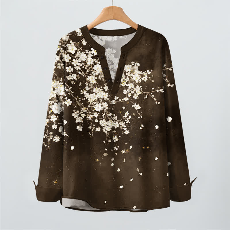 Buddha Stones Camicia da uomo a maniche lunghe con scollo a V e bottoni, in cotone, con motivo floreale a petali cadenti. - image 16