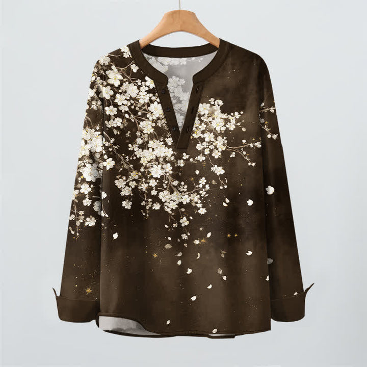 Buddha Stones Camicia da uomo a maniche lunghe con scollo a V e bottoni, in cotone, con motivo floreale a petali cadenti. - image 16