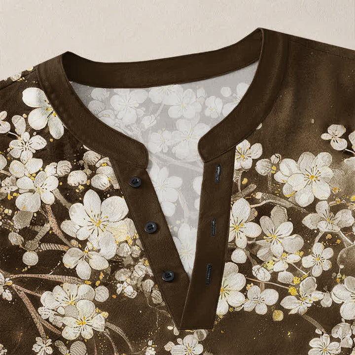 Buddha Stones Camicia da uomo a maniche lunghe con scollo a V e bottoni, in cotone, con motivo floreale a petali cadenti. - image 18