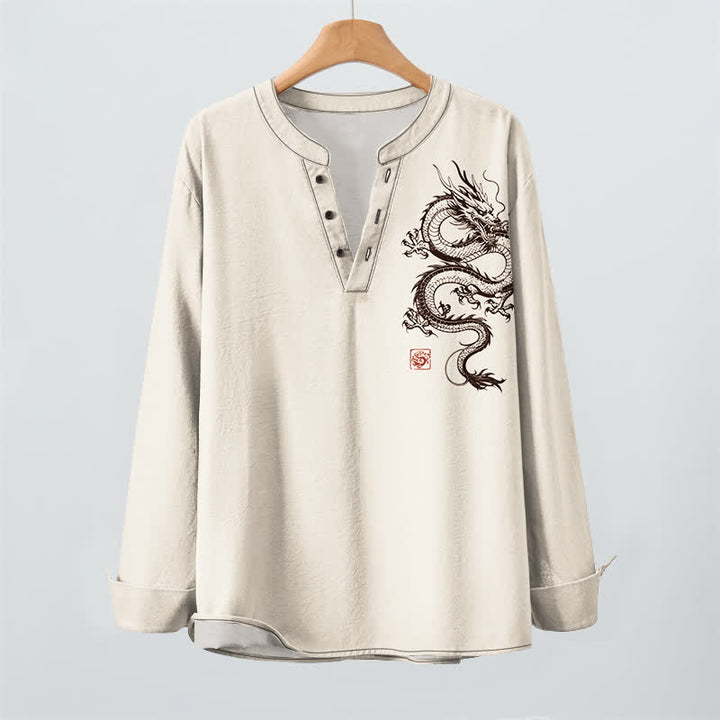 Buddha Stones Camicia da uomo a maniche lunghe con scollo a V e bottoni, in cotone con motivo drago orientale. - image 2