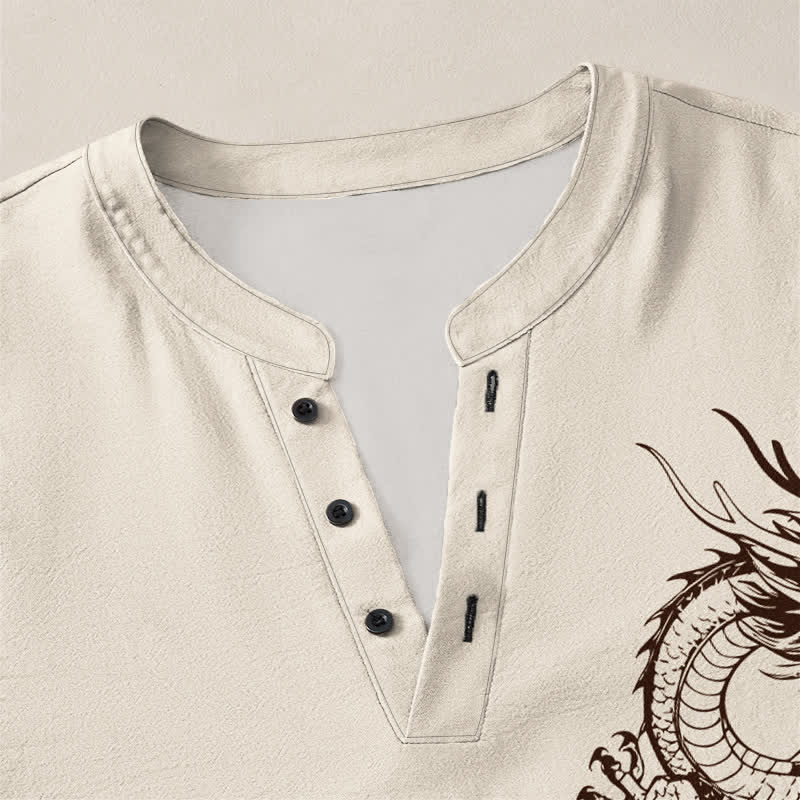 Buddha Stones Camicia da uomo a maniche lunghe con scollo a V e bottoni, in cotone con motivo drago orientale. - image 4