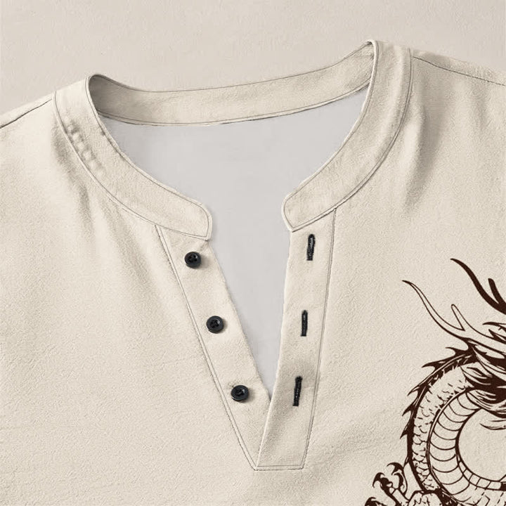 Buddha Stones Camicia da uomo a maniche lunghe con scollo a V e bottoni, in cotone con motivo drago orientale. - image 4
