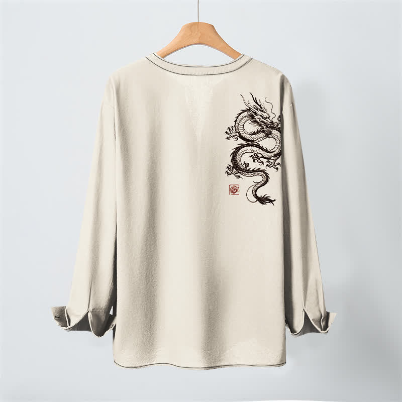 Buddha Stones Camicia da uomo a maniche lunghe con scollo a V e bottoni, in cotone con motivo drago orientale. - image 3