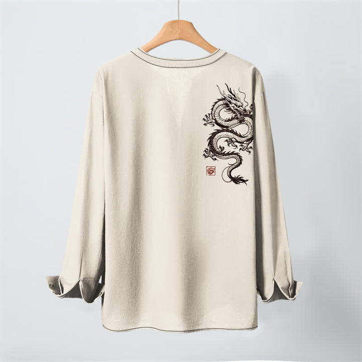 Buddha Stones Camicia da uomo a maniche lunghe con scollo a V e bottoni, in cotone con motivo drago orientale. - image 3