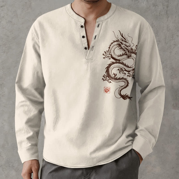 Buddha Stones Camicia da uomo a maniche lunghe con scollo a V e bottoni, in cotone con motivo drago orientale. - image 1