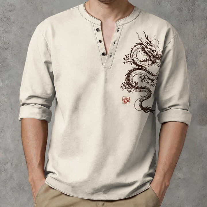 Buddha Stones Camicia da uomo a maniche lunghe con scollo a V e bottoni, in cotone con motivo drago orientale. - Avorio - US/UK/AU48, EU58 (4XL) - image 0