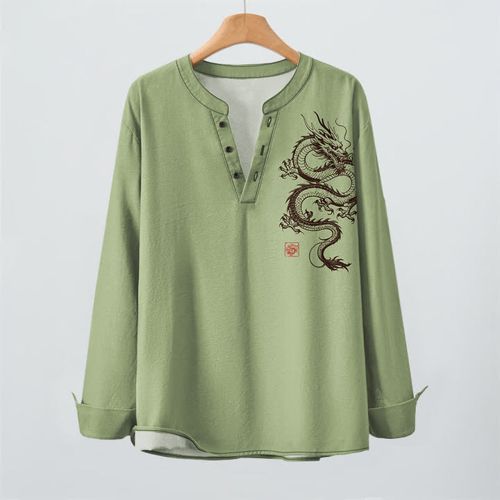 Buddha Stones Camicia da uomo a maniche lunghe con scollo a V e bottoni, in cotone con motivo drago orientale. - image 9