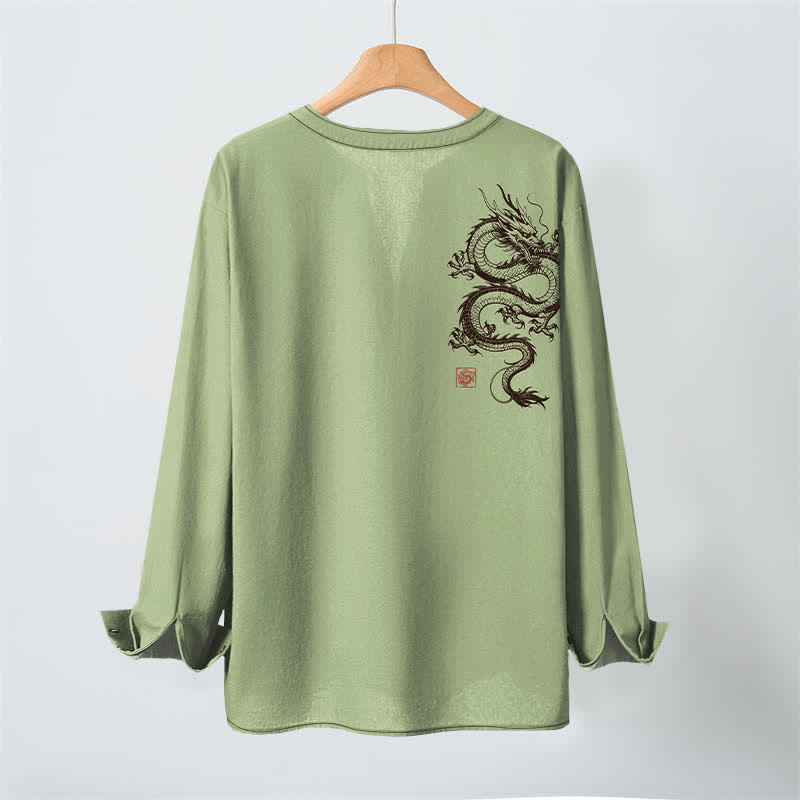 Buddha Stones Camicia da uomo a maniche lunghe con scollo a V e bottoni, in cotone con motivo drago orientale. - image 10
