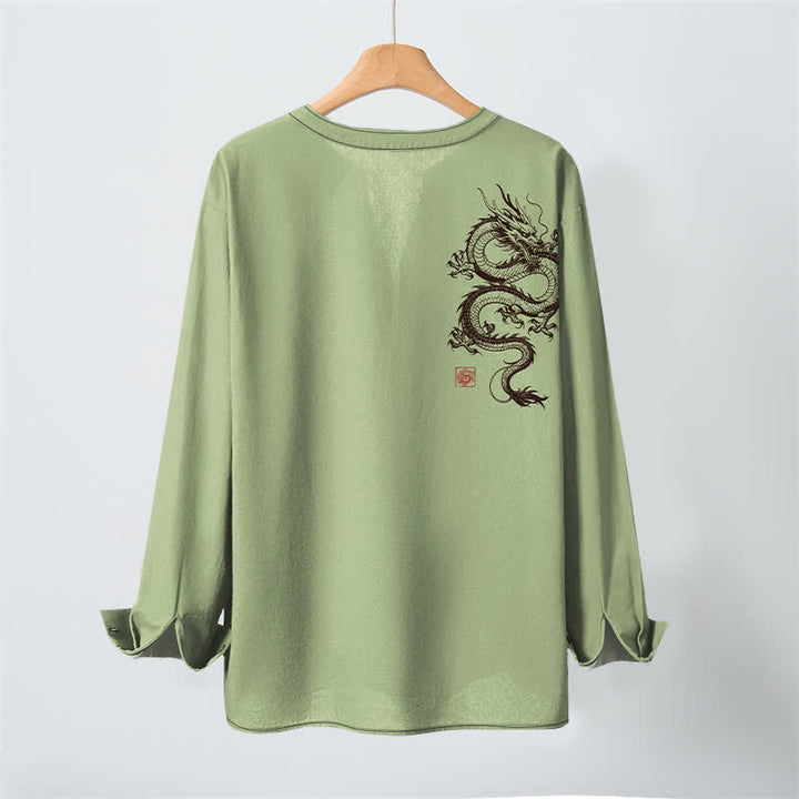 Buddha Stones Camicia da uomo a maniche lunghe con scollo a V e bottoni, in cotone con motivo drago orientale. - image 10