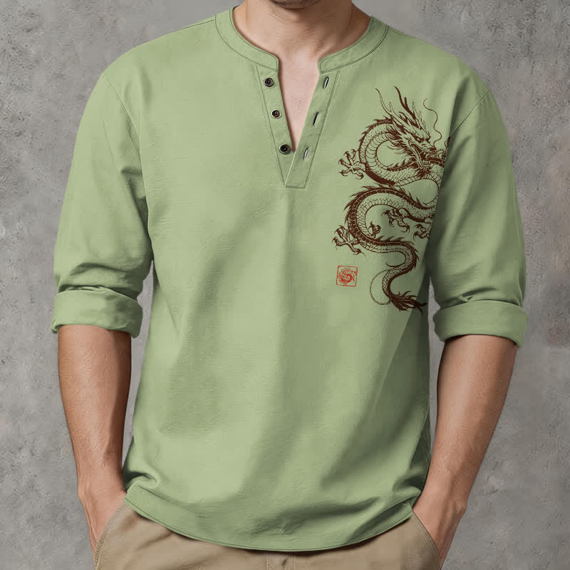Buddha Stones Camicia da uomo a maniche lunghe con scollo a V e bottoni, in cotone con motivo drago orientale. - Verde chiaro - US/UK/AU48, EU58 (4XL) - image 7