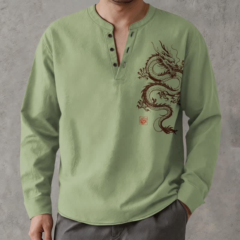 Buddha Stones Camicia da uomo a maniche lunghe con scollo a V e bottoni, in cotone con motivo drago orientale. - image 8