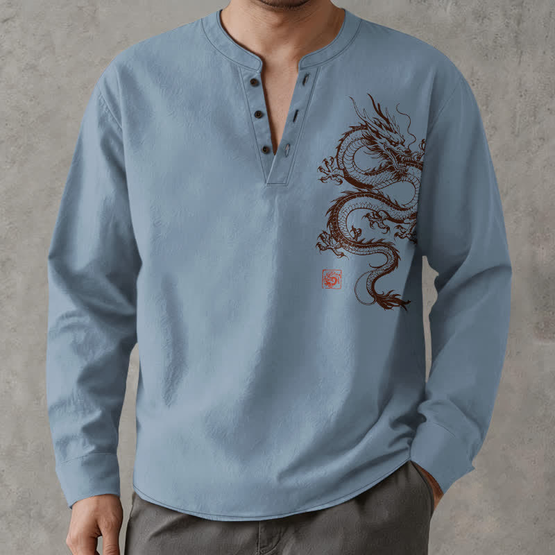 Buddha Stones Camicia da uomo a maniche lunghe con scollo a V e bottoni, in cotone con motivo drago orientale. - image 15