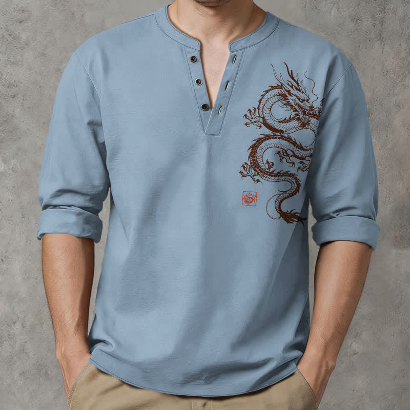 Buddha Stones Camicia da uomo a maniche lunghe con scollo a V e bottoni, in cotone con motivo drago orientale. - Azzurro cielo chiaro - US/UK/AU48, EU58 (4XL) - image 14