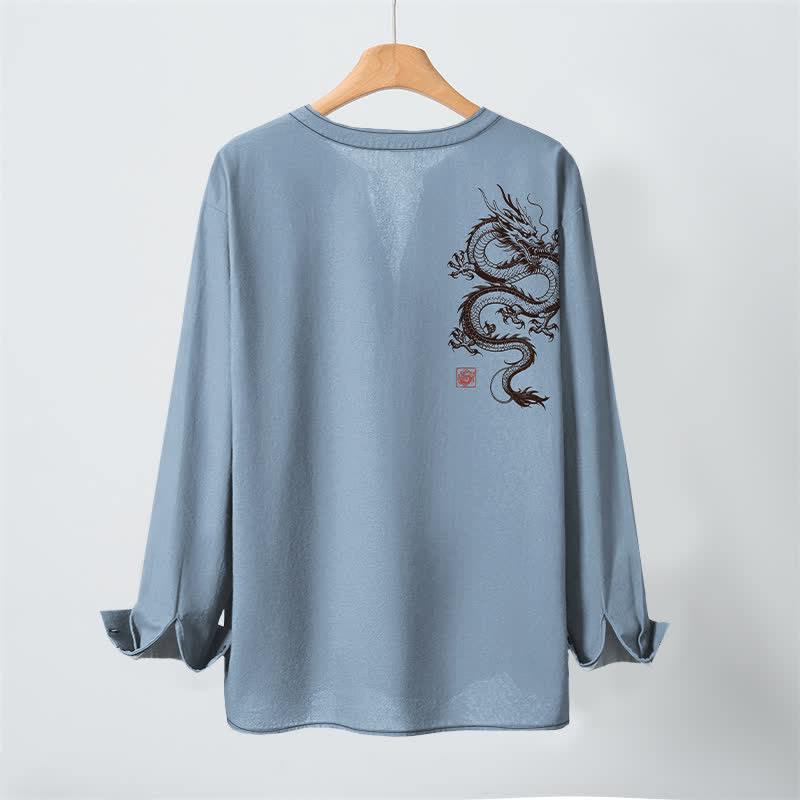 Buddha Stones Camicia da uomo a maniche lunghe con scollo a V e bottoni, in cotone con motivo drago orientale. - image 17