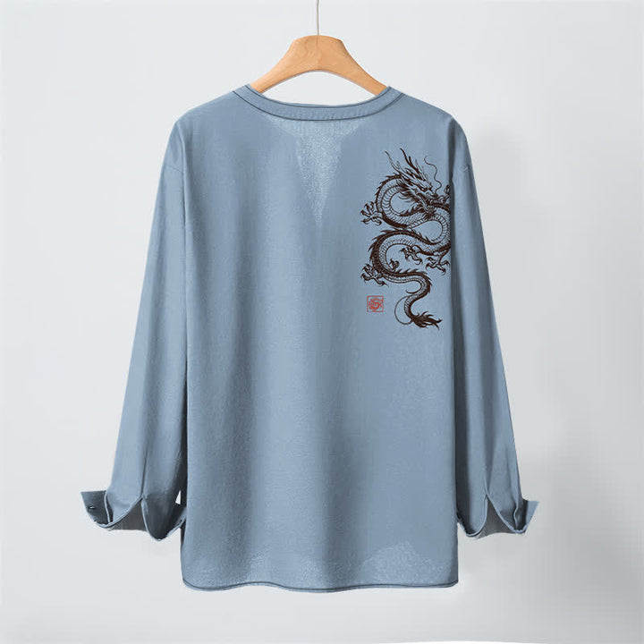 Buddha Stones Camicia da uomo a maniche lunghe con scollo a V e bottoni, in cotone con motivo drago orientale. - image 17