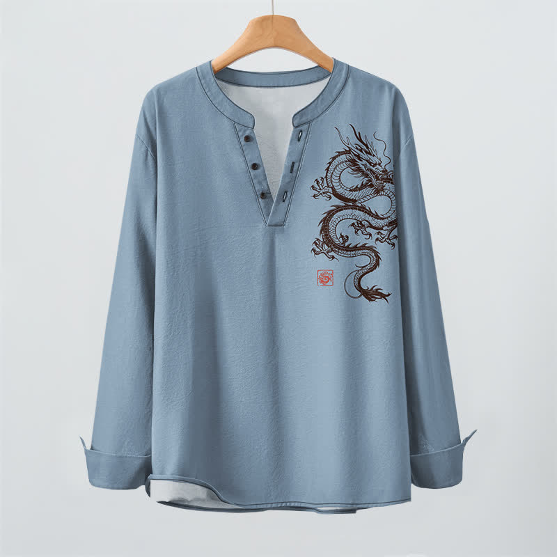 Buddha Stones Camicia da uomo a maniche lunghe con scollo a V e bottoni, in cotone con motivo drago orientale. - image 16