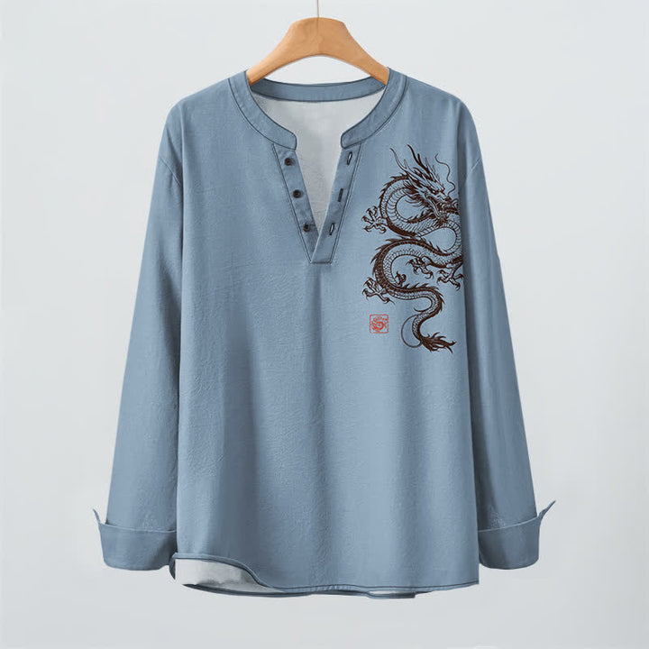 Buddha Stones Camicia da uomo a maniche lunghe con scollo a V e bottoni, in cotone con motivo drago orientale. - image 16