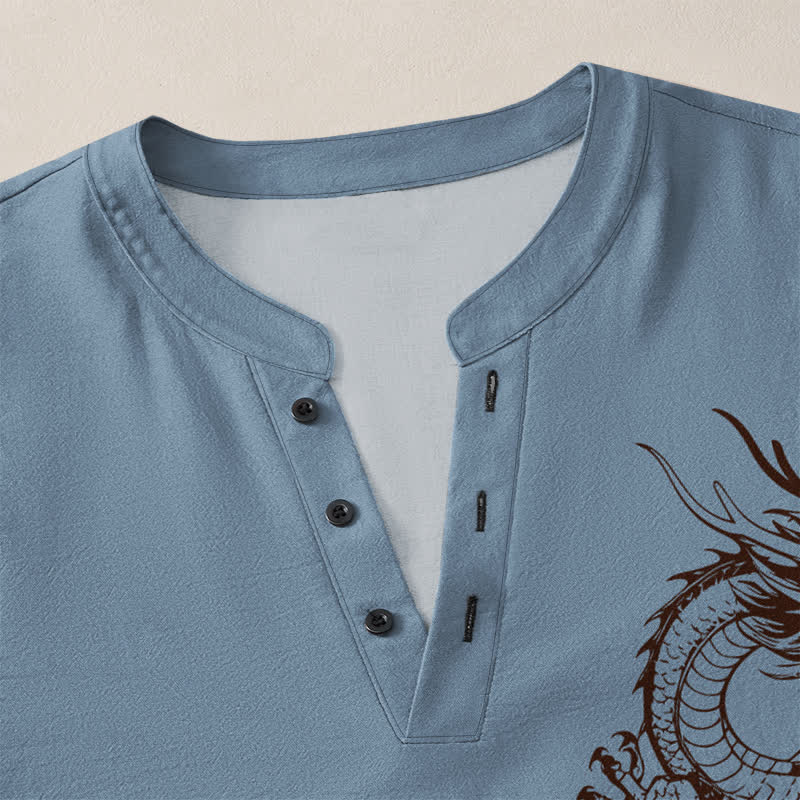 Buddha Stones Camicia da uomo a maniche lunghe con scollo a V e bottoni, in cotone con motivo drago orientale. - image 18