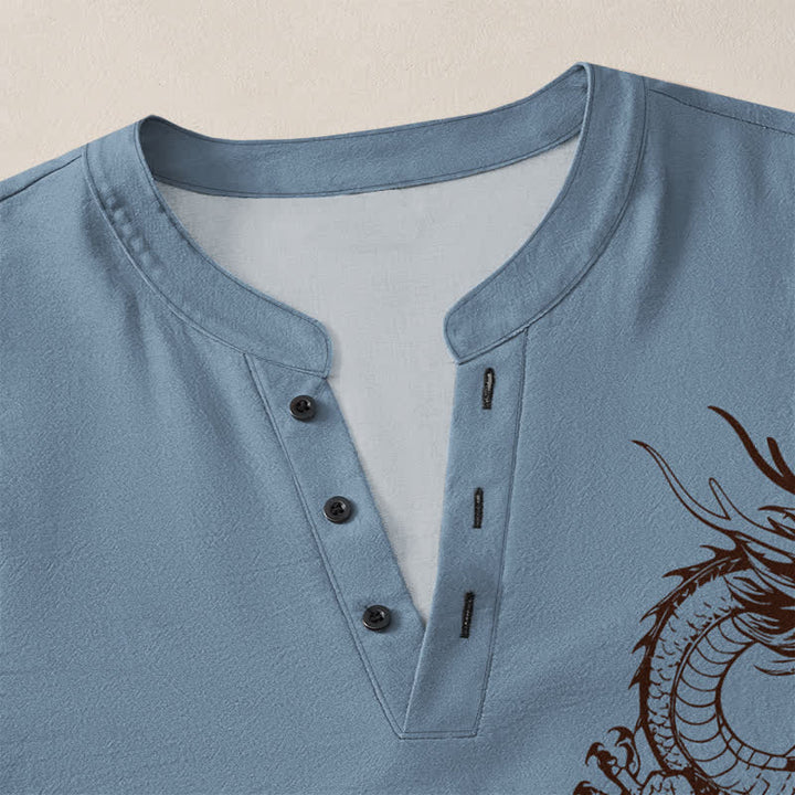 Buddha Stones Camicia da uomo a maniche lunghe con scollo a V e bottoni, in cotone con motivo drago orientale. - image 18