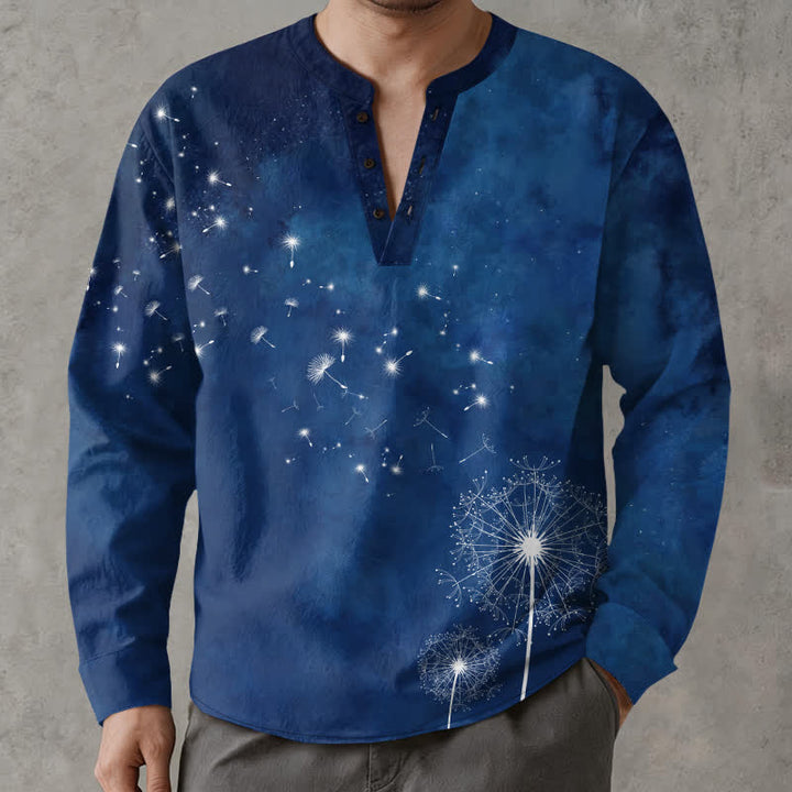 Buddha Stones Camicia da uomo a maniche lunghe con scollo a V e bottoni, in cotone, con motivo a semi di tarassaco. - Marina - US/UK/AU48, EU58 (4XL) - image 0