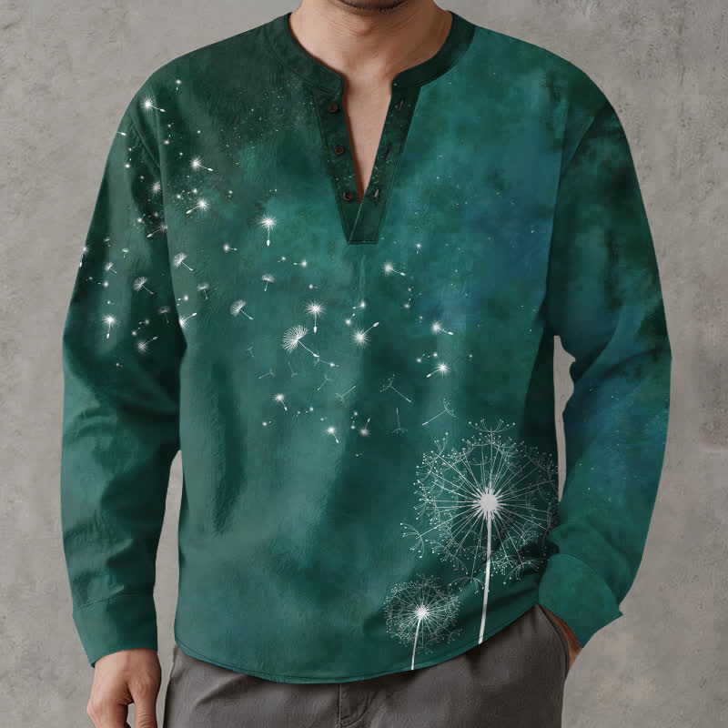 Buddha Stones Camicia da uomo a maniche lunghe con scollo a V e bottoni, in cotone, con motivo a semi di tarassaco. - Verde scuro - US/UK/AU48, EU58 (4XL) - image 7