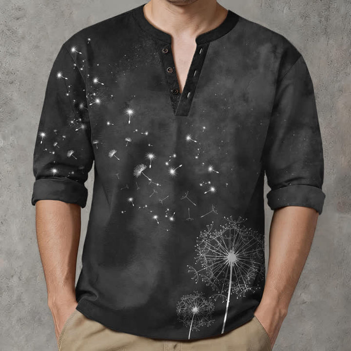 Buddha Stones Camicia da uomo a maniche lunghe con scollo a V e bottoni, in cotone, con motivo a semi di tarassaco. - image 15