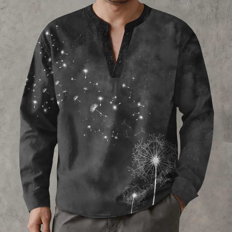 Buddha Stones Camicia da uomo a maniche lunghe con scollo a V e bottoni, in cotone, con motivo a semi di tarassaco. - Nero - US/UK/AU48, EU58 (4XL) - image 14