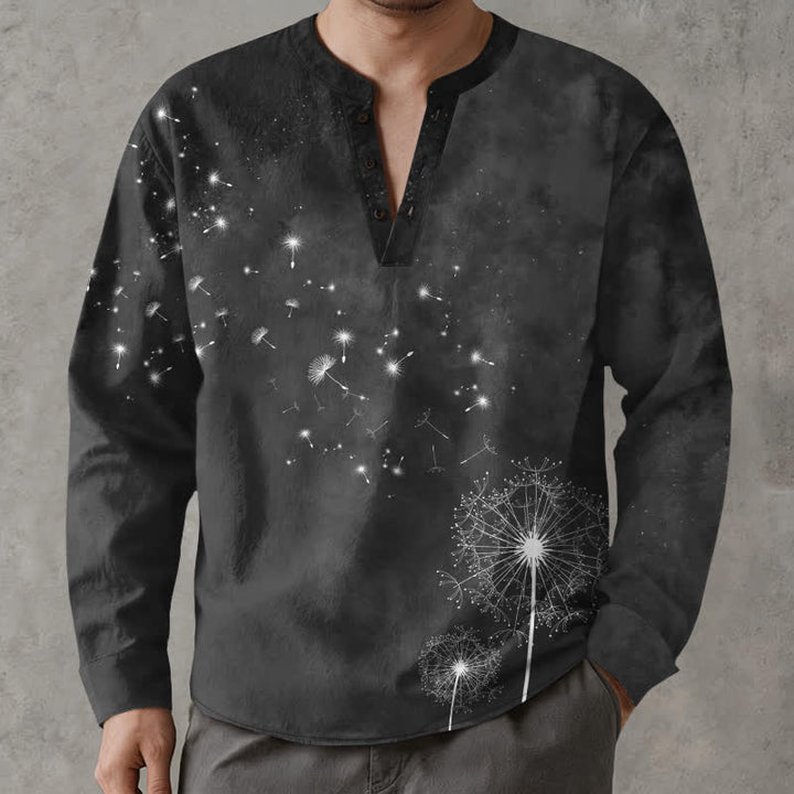 Buddha Stones Camicia da uomo a maniche lunghe con scollo a V e bottoni, in cotone, con motivo a semi di tarassaco. - Nero - US/UK/AU48, EU58 (4XL) - image 14