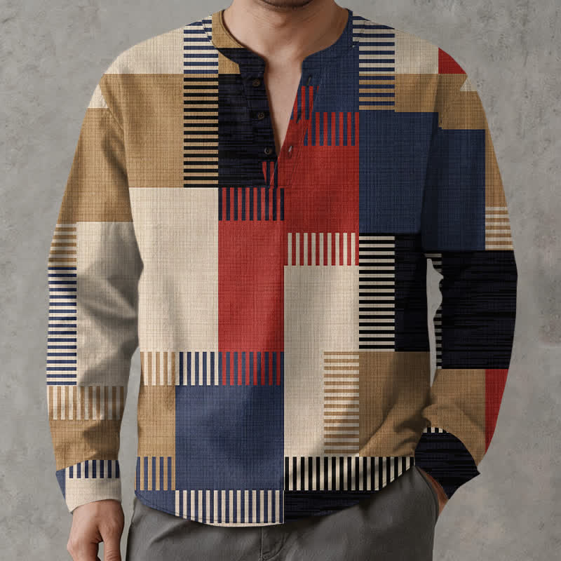 Buddha Stones Camicia da uomo a maniche lunghe con scollo a V e bottoni, in cotone, con motivo patchwork geometrico retrò. - image 1