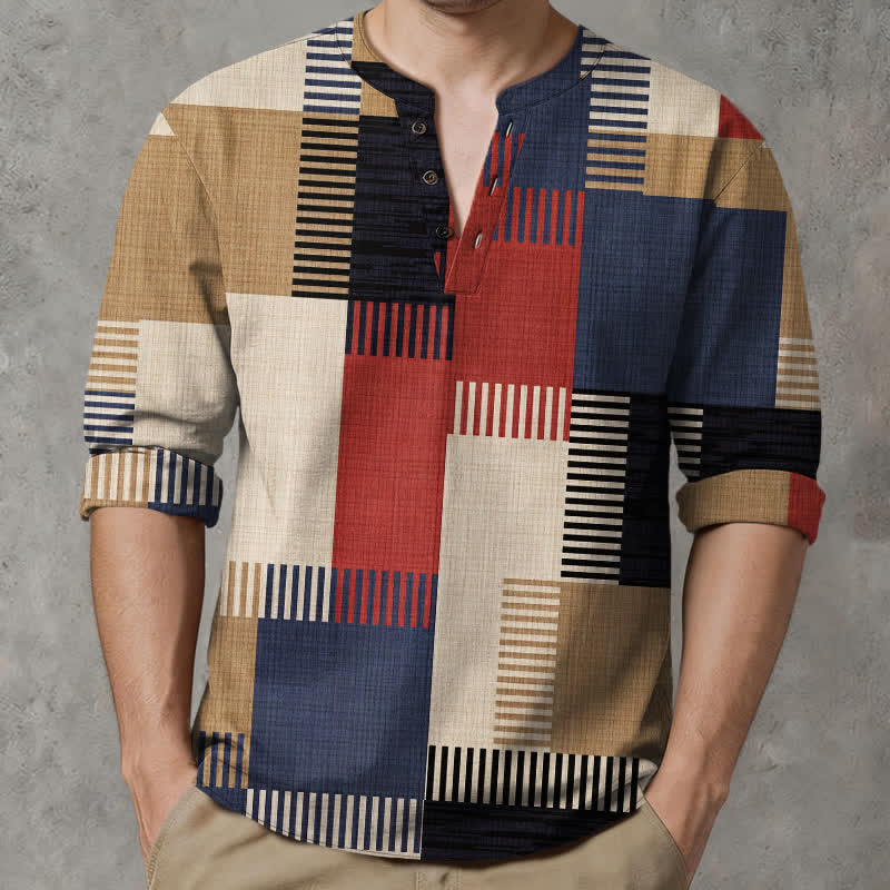 Buddha Stones Camicia da uomo a maniche lunghe con scollo a V e bottoni, in cotone, con motivo patchwork geometrico retrò. - Rosso - US/UK/AU48, EU58 (4XL) - image 0