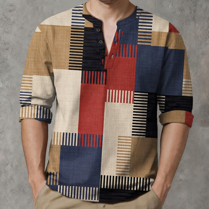 Buddha Stones Camicia da uomo a maniche lunghe con scollo a V e bottoni, in cotone, con motivo patchwork geometrico retrò. - Rosso - US/UK/AU48, EU58 (4XL) - image 0