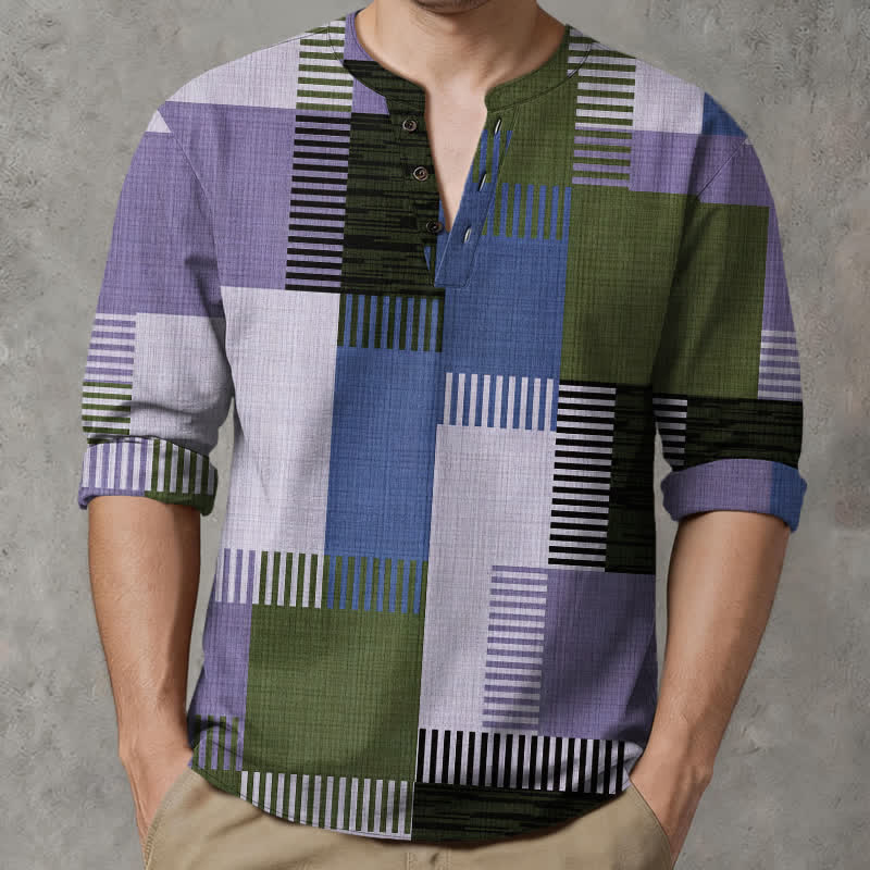 Buddha Stones Camicia da uomo a maniche lunghe con scollo a V e bottoni, in cotone, con motivo patchwork geometrico retrò. - Viola medio - US/UK/AU48, EU58 (4XL) - image 7
