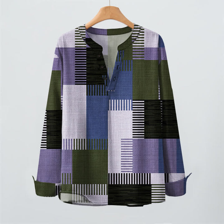 Buddha Stones Camicia da uomo a maniche lunghe con scollo a V e bottoni, in cotone, con motivo patchwork geometrico retrò. - image 9